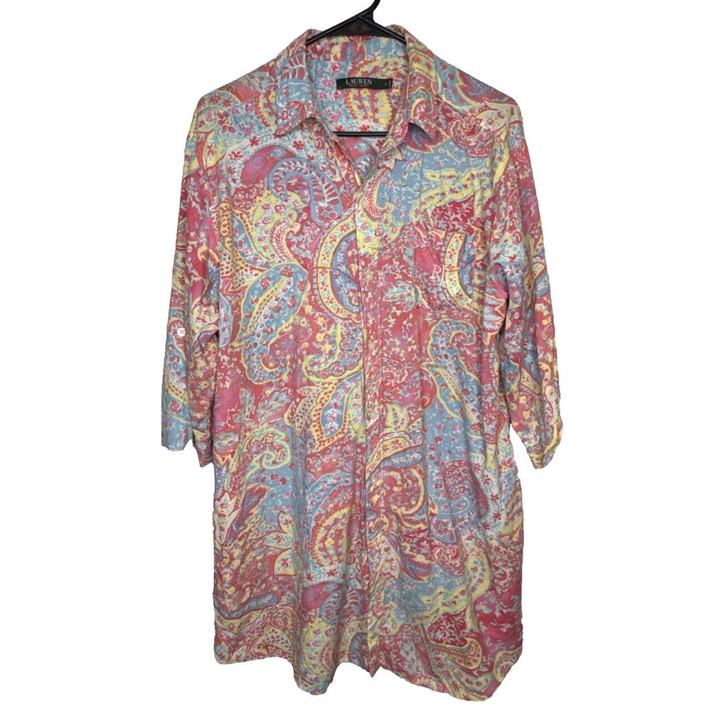 Lauren Ralph Lauren Womens Size L Pink Blue Paisley Cotton Long Sleepshirt Night